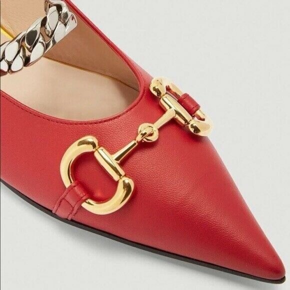 GUCCI Deva Red Lamb Leather Point Toe Horsebit Silver Chain Ballet Flats 35 - Picture 9 of 12